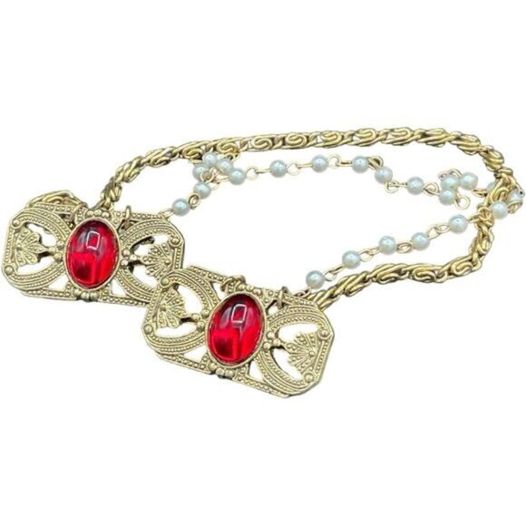 Vintage Ruby Red and Gold Toned Elegant Sweater Cardigan Clip - Picture 1 of 3